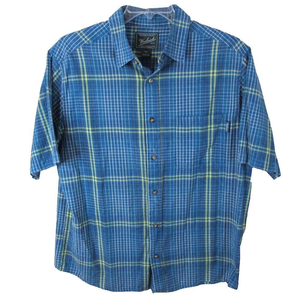 Woolrich Cotton Short Sleeve Button Up Shirt Men's Large Bluish Green‎ Check